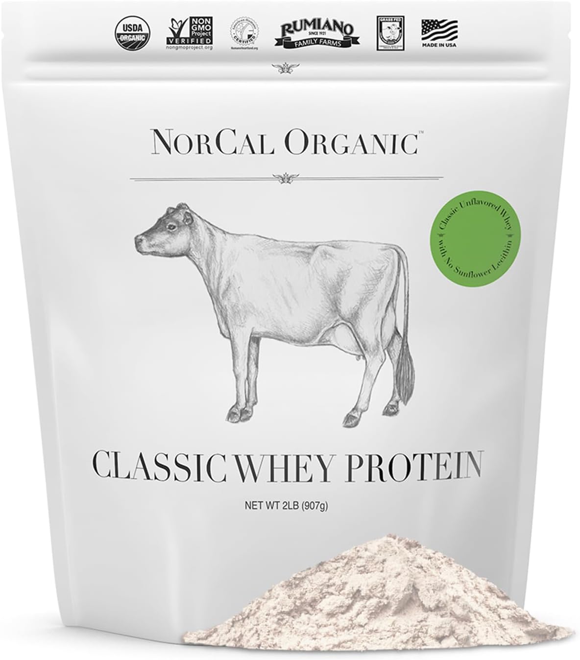 NorCal Organic Grass-Fed Whey Protein, USDA Certified, Unflavored, 2 lb