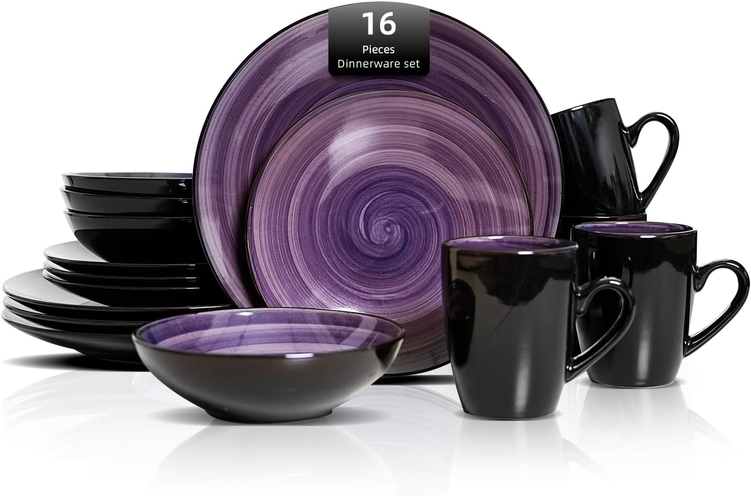 HomeVss, Sonoma Stoneware Dinnerware Set, Outside Black + Inside Hand Painting Color (16pc Set, Grey)