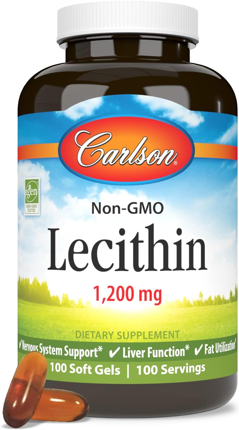 Carlson Lecithin, Non-GMO, 1200 mg, 100 Softgels | Nervous System Health; Liver Function; Unbleached Soy Lecithin
