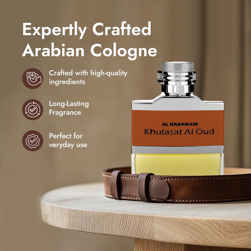 Al Haramain Khulasat Al Oud - Cologne for Men - Long Lasting Arabian Perfume for Men - Oud Eau de Parfum Fragrances - 3.3 oz