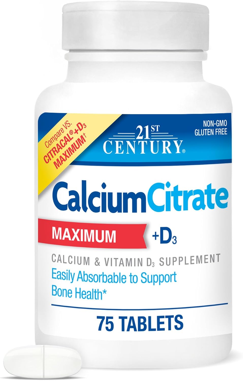 21st Century Calcium Citrate Plus D3 Maximum - 630 mg Calcium, Bone Health Support, Easily Absorbable, Gluten Free, Non-GMO, Compare to Citracal +D3, 400 Tablets