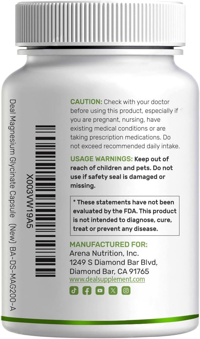 Magnesium Glycinate 500mg Per Capsule (1000mg Per Serving) Plus Vitamin C