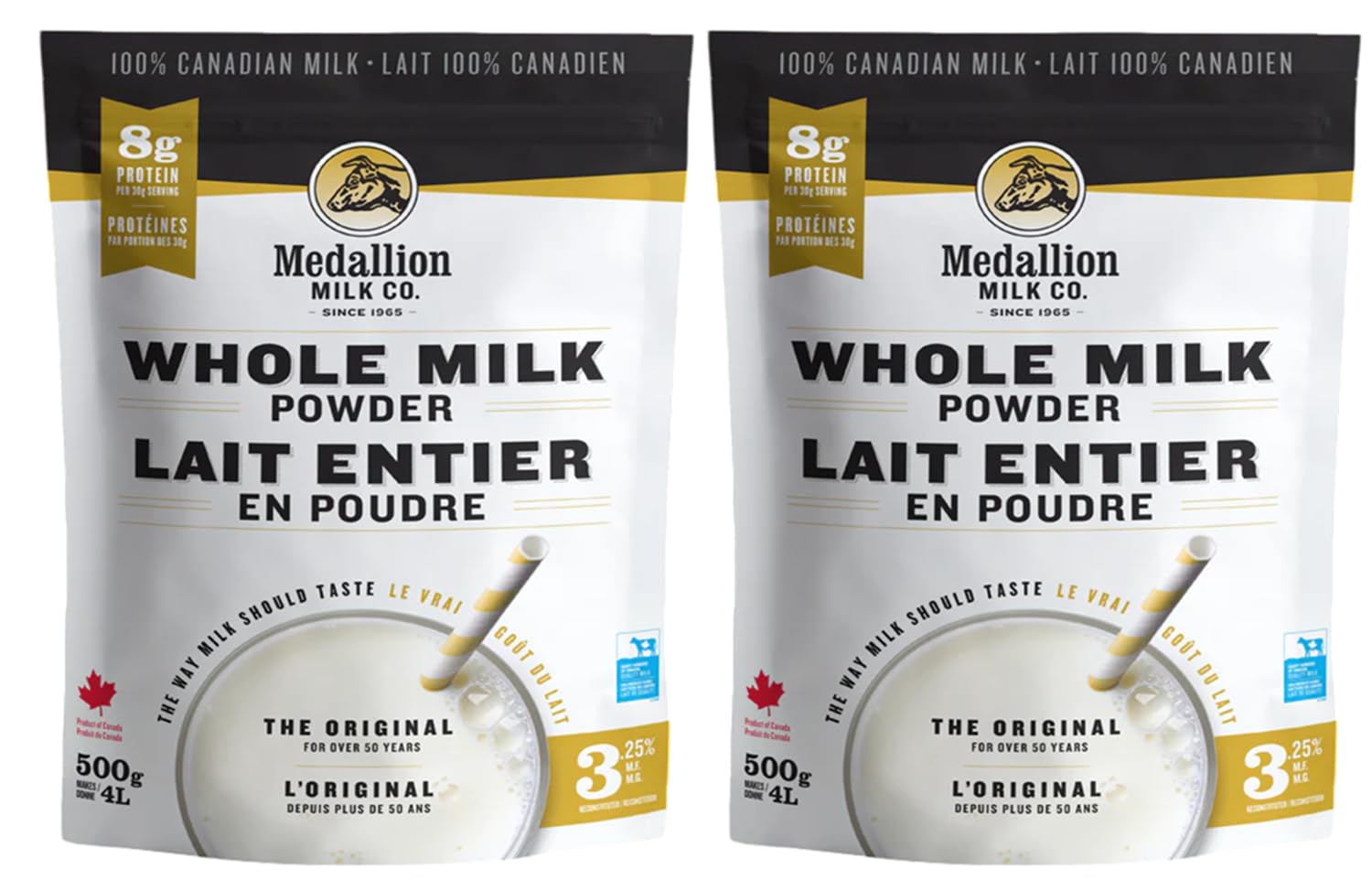 Medallion Brand Whole Milk Powder 500g 2 Pack - Dried Milk from Canada, Free of Antibiotics, No rbST or rBGH