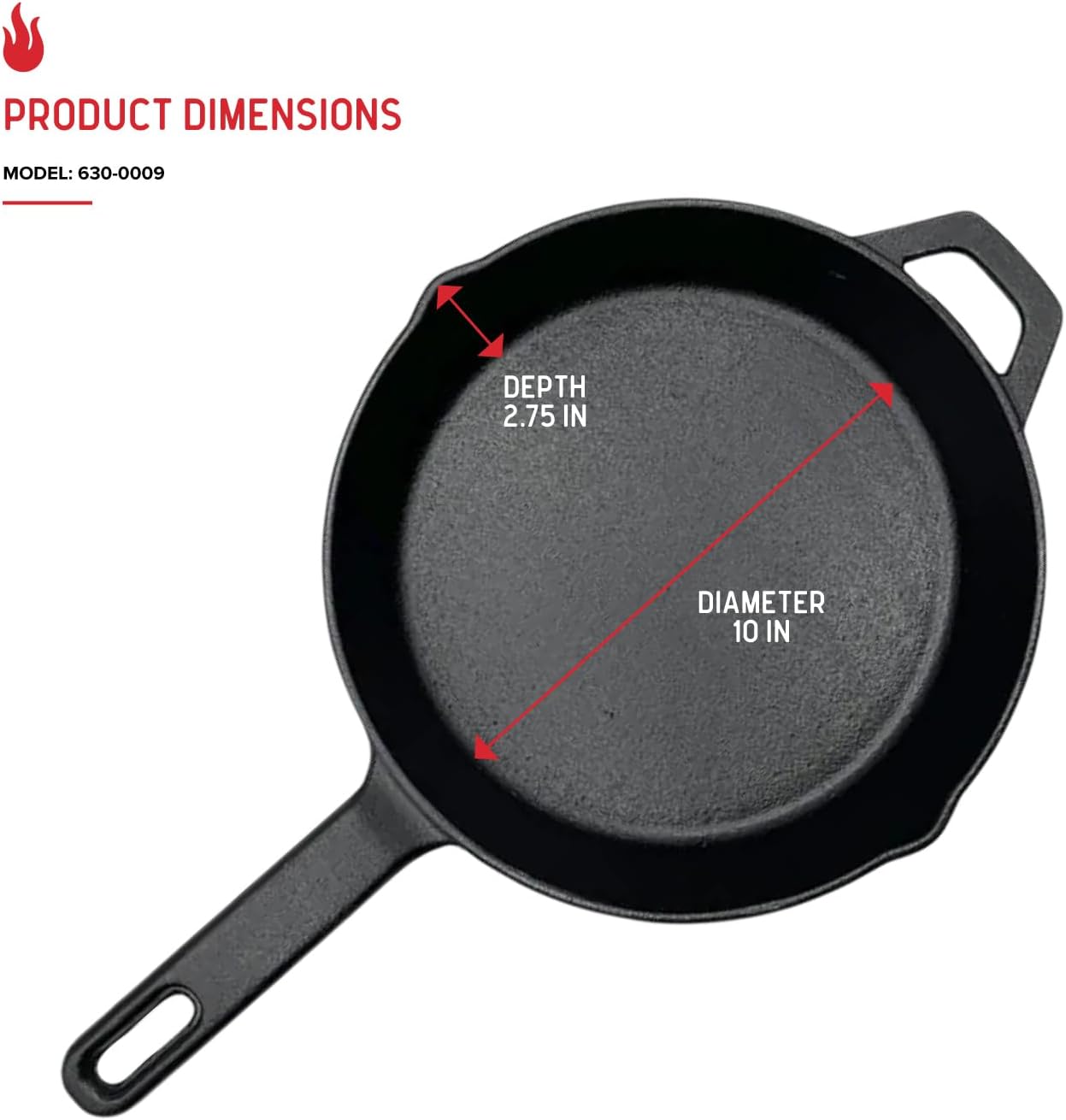 Nexgrill 10" Pre-Seasoned Cast Iron Skillet, Heavy-Duty Round Frying Pan | Offers 10" x 2.5", Contoured Handle, Hanging Loop, Side Notches, Heavy-Duty