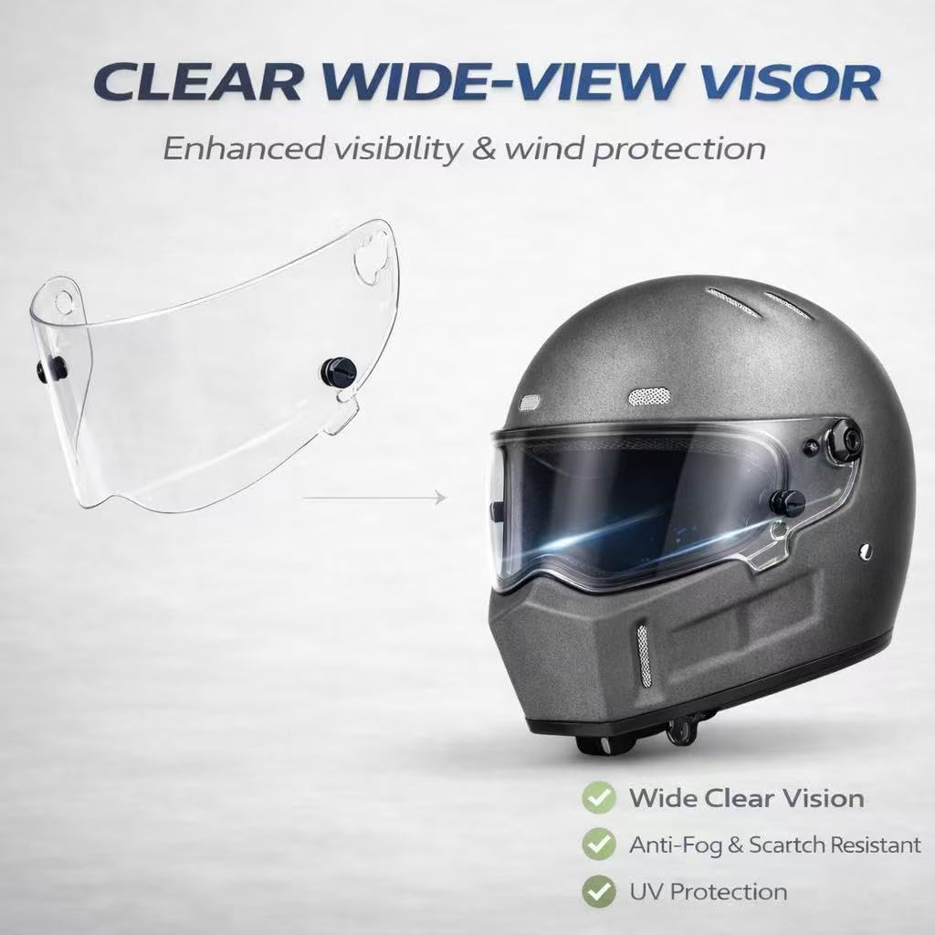 CRG Sports Retro Full Face Motorcycle Helmet, DOT Approved Fiberglass Street Bike Helmet with Clear Visor, Lightweight Cafe Racer Cruiser Motorcycle Helmet
