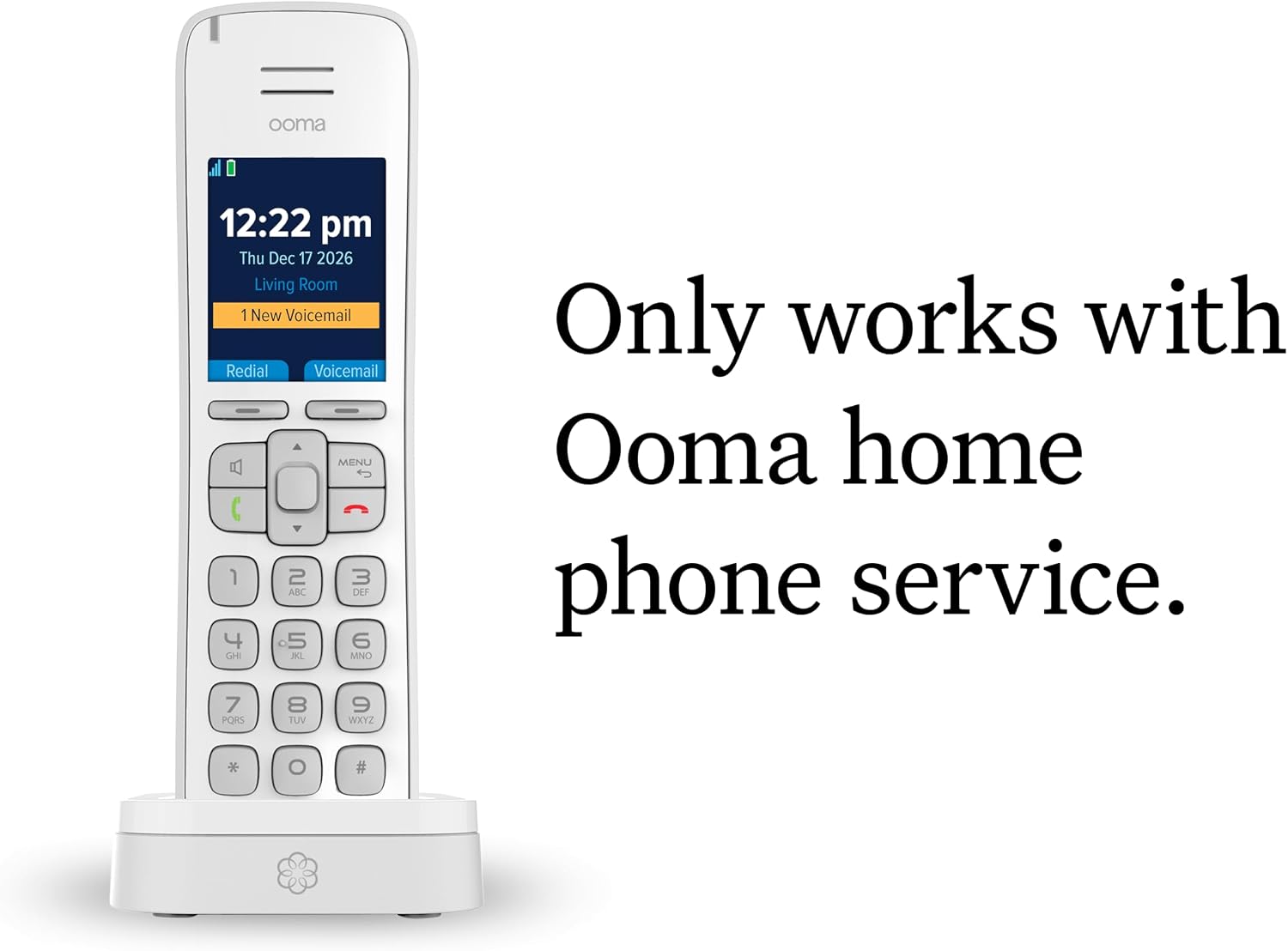 Ooma HD3 Handset white cordless phone with caller-ID and HD voice quality. Works only with Ooma Telo VoIP Internet home phone service.