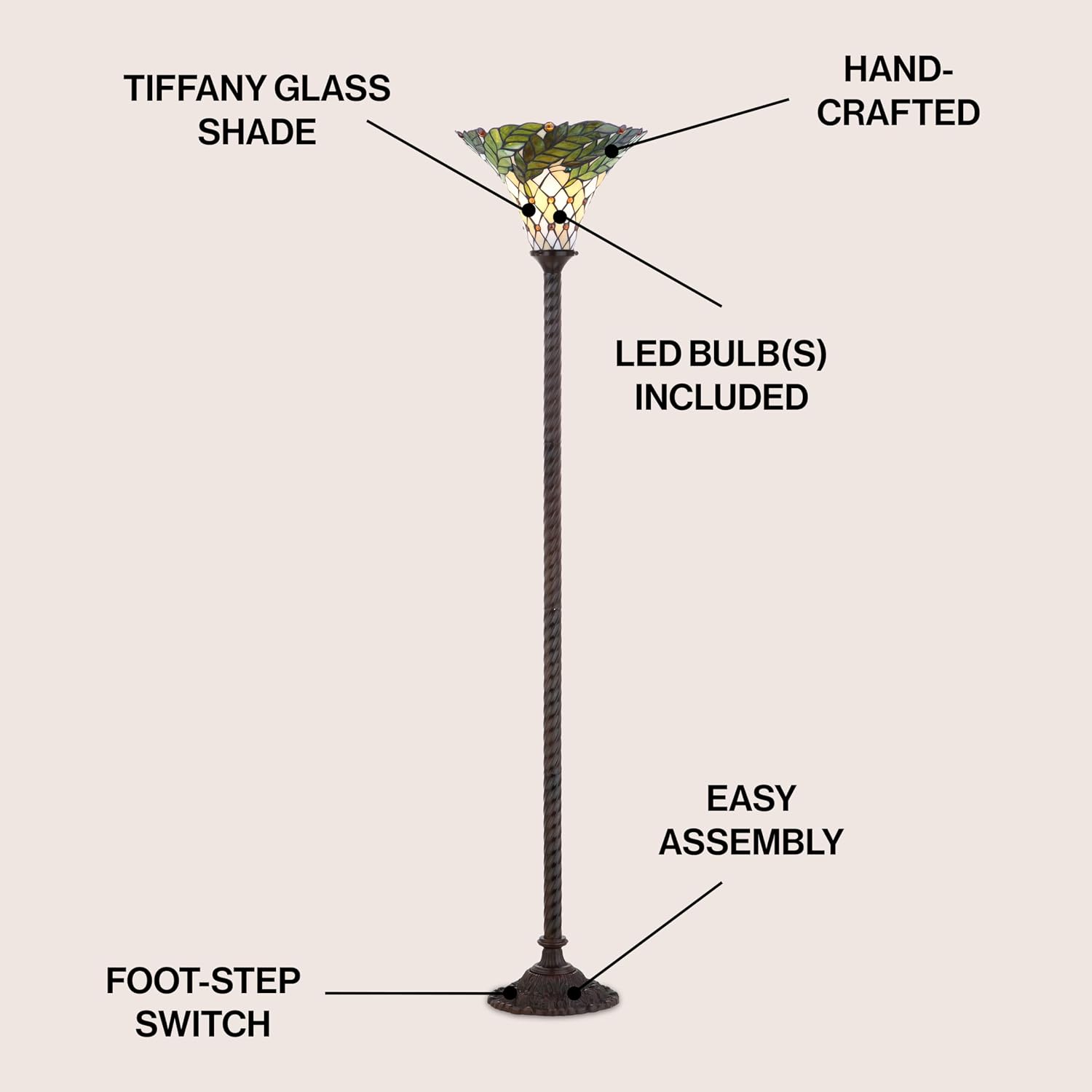 JONATHAN Y 71" Botanical Tiffany-Style Metal Torchiere Floor Lamp, Bronze | Handcrafted Stained Glass Bowl Shade, Traditional Standing Uplight