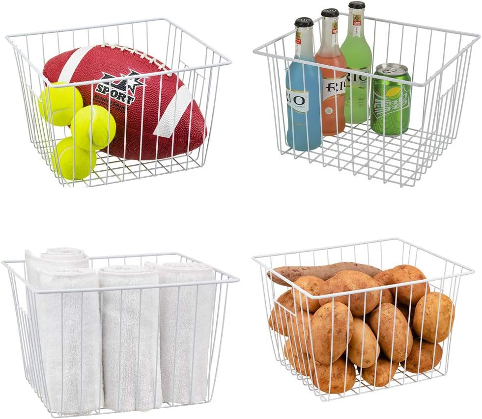 Freezer Organizer Bin, Kitchen Metal Wire Storage Basket, Pantry Cupboard Household Container Divider with Handles, Bathroom, Closet, Bedroom, Office