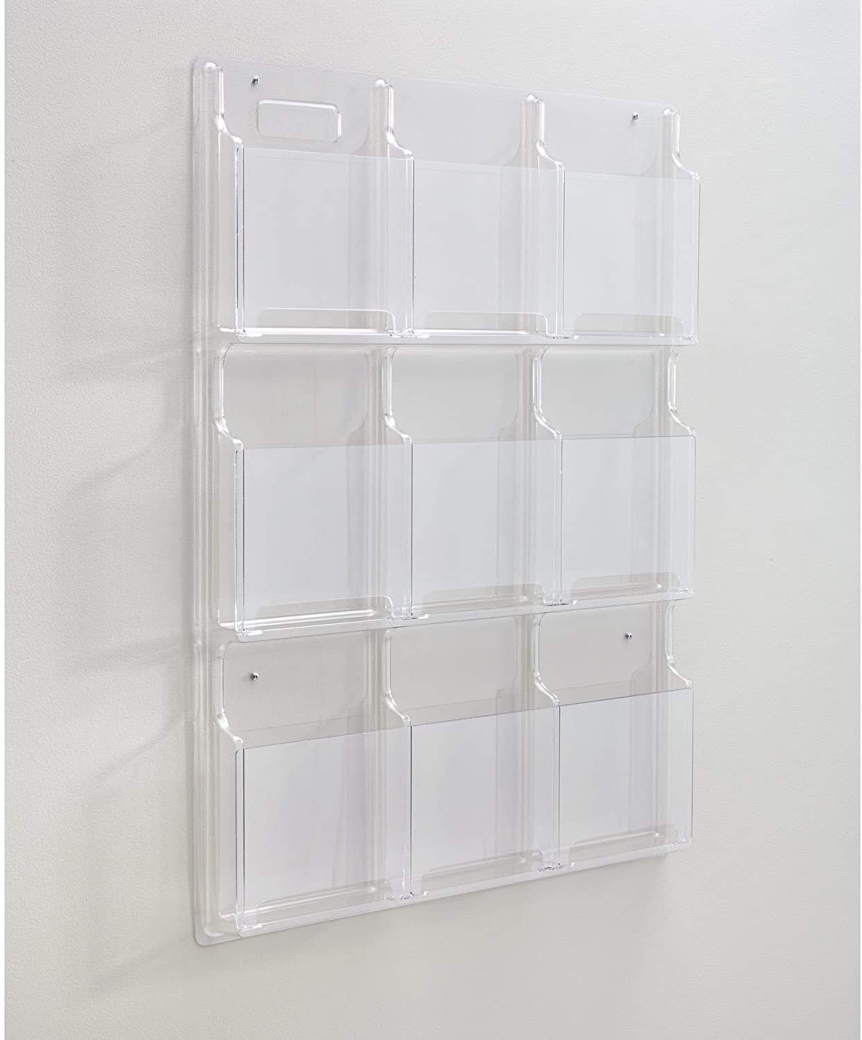 Safco Reveal Literature Rack, 9 Compartments Magazine Holder, Wall-Mounted Brochure Organizer, Acrylic, Clear