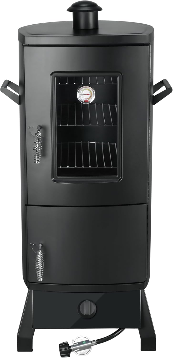 Propane Smoker with Cover, Vertical Meat Gas Smoker Grill Outdoor Heavy Duty 3 Removable Smoking Racks, Black