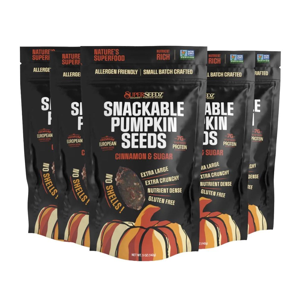 SuperSeedz Dry Roasted Pumpkin Seeds with Sea Salt w/8g Protein (5oz Bag) | Nn-GMO, Gluten-Free, Keto Snacks – Nut-Free & School Friendly Organic Pumpkin Seeds – Large European No Shell Pepitas