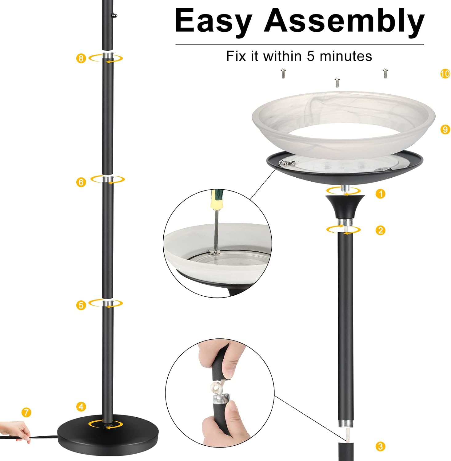 BoostArea Torchiere Floor Lamp, 30W Super Bright LED Standing Lamp, Stepless Dimmable Pole Lamp with 3000K Lighting, Rotary Switch