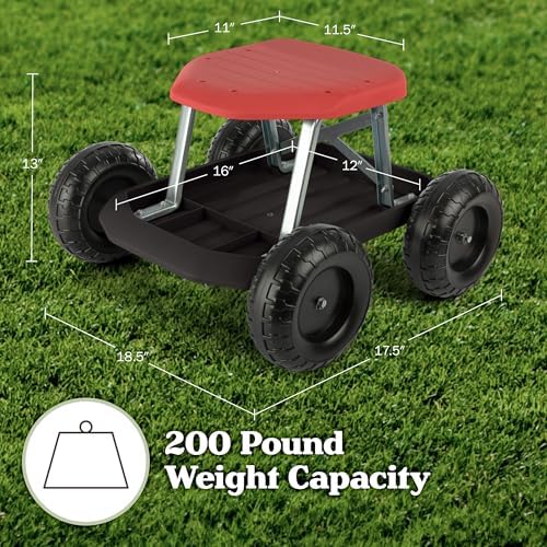 Pure Garden Rolling Garden Seat with Wheels and Tool Tray, Black/Green | Gardening Stool Garden Cart Scooter with Storage for Yard Tools