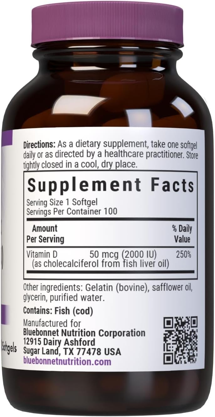 BlueBonnet Nutrition Vitamin D3 2000 IU, 100 Softgels | Strong Bones & Immune Support; Non-GMO