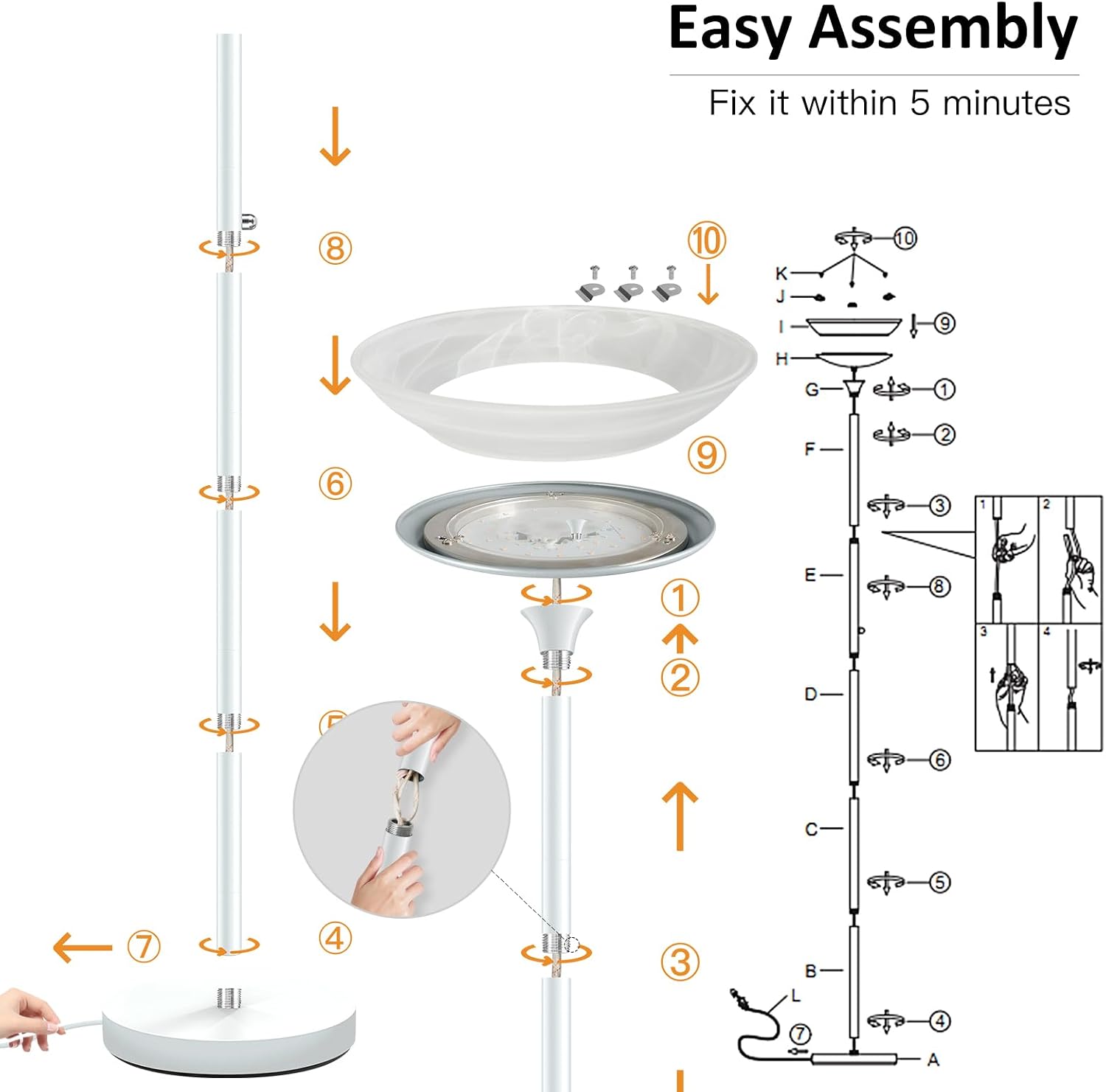 BoostArea Torchiere Floor Lamp, 30W Super Bright LED Standing Lamp, Stepless Dimmable Pole Lamp with 3000K Lighting, Rotary Switch