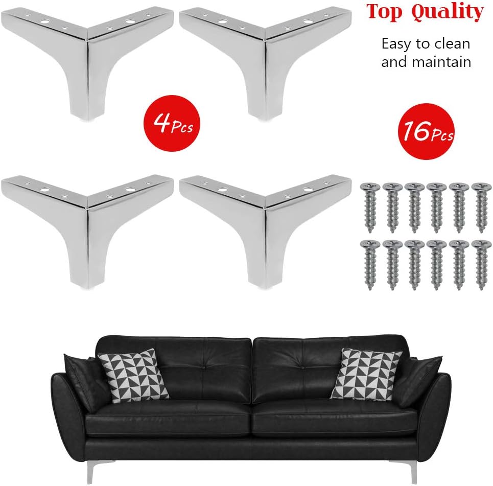 4 Pack 4 Inch Furniture Legs, Chrome Metal Polished Triangle Feet