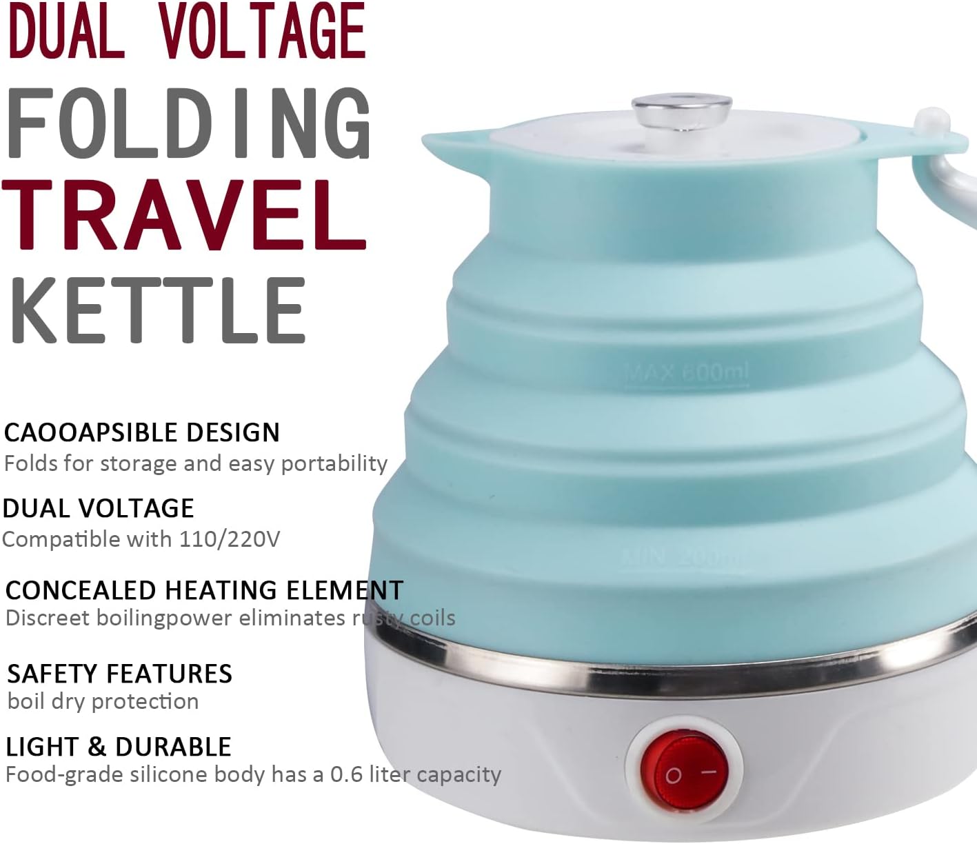 Travel Foldable Electric Kettle, Collapsible Electric Kettle Food Grade Silicone Small Pot Boiling water, Dual Voltage（600ml