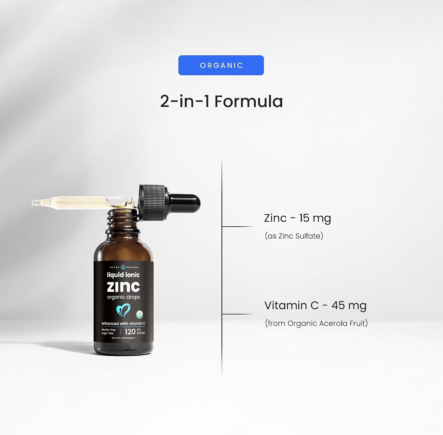 NutraChamps Liquid Zinc for Kids & Adults, Vegan, Pure Ionic Zinc Drops Enhanced with Vitamin C, Supplements for Immune Support