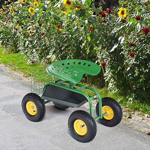 Giantex Rolling Garden Work Seat, 360 Swivel Gardening Workseat with Wheels, Tool Basket, Adjustable Height, Outdoor Scooter for Sitting, Gardening Stool Chair for Planting Trimming, Red