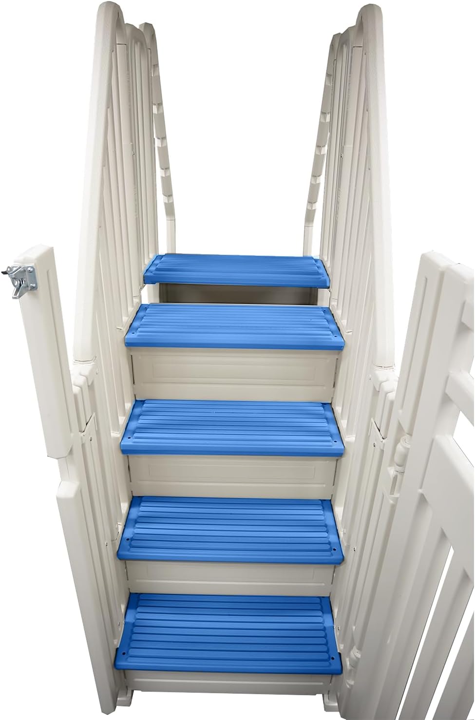 Confer Entry System for Above Ground Pools | White Frame with Blue Steps | All Resin Bridge System with Handrails and Gate
