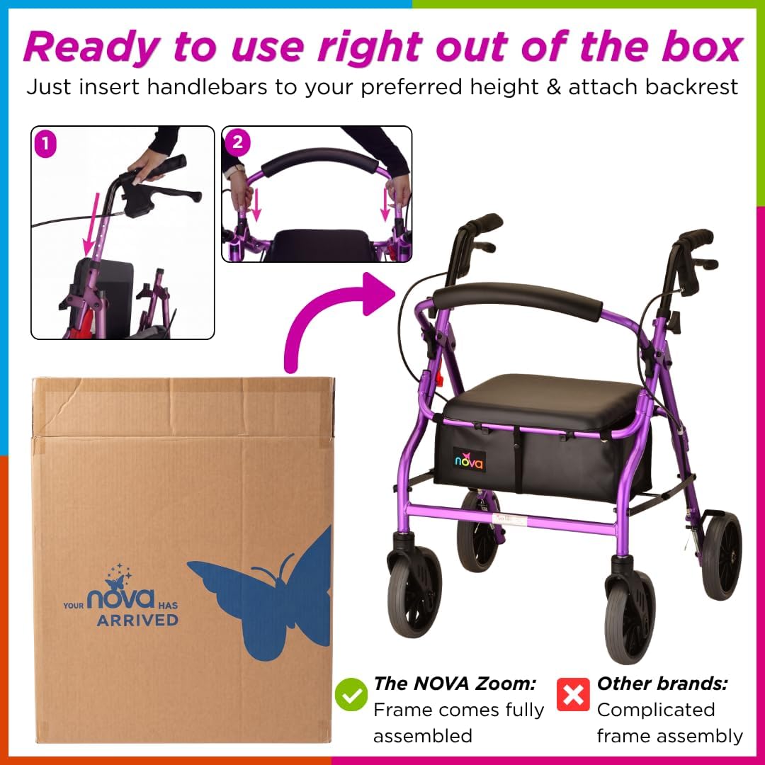 NOVA Zoom 22 Rollator Walker for Seniors, Rolling Walker with Locking Hand Brakes, Padded Seat & 8" Wheels, Lock N Load for Easy Transport & Storage, Adjustable Height 5'5"–6'1", Red