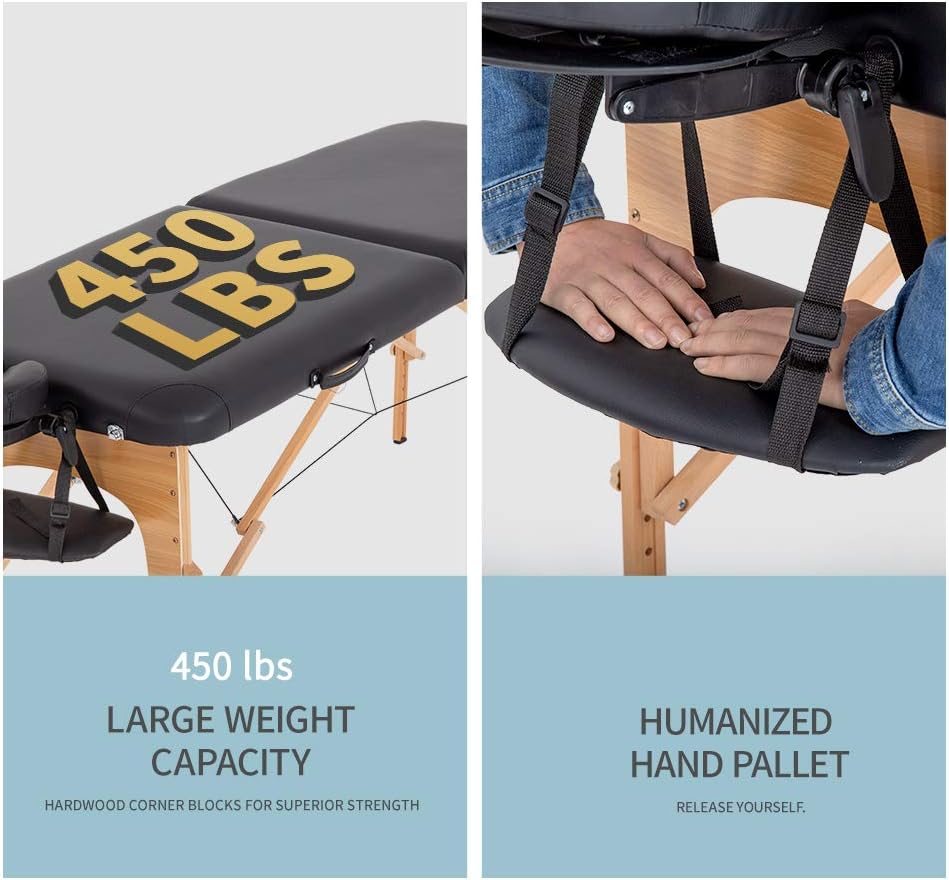 BestMassage | Portable Massage Table | 24" Wide, Black PU Leather | Lightweight, 2-Fold Massage Table with Height Adjustment, 450lbs Capacity, Carry Bag | For Massage, Facial, Tattoo, Home, Spa