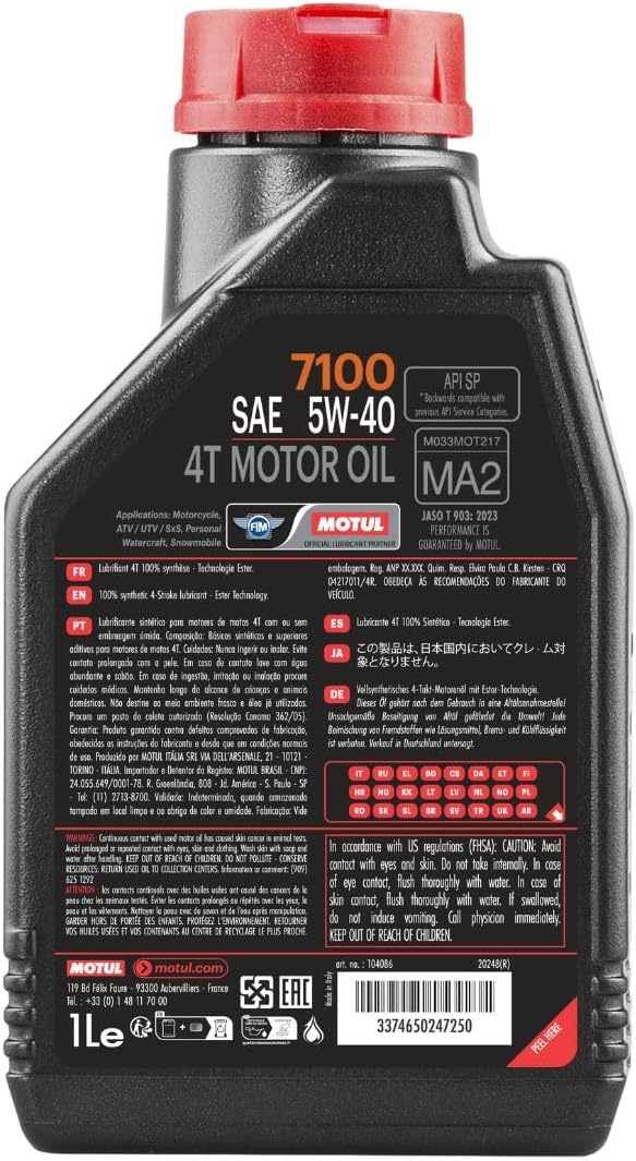 Motul 7100 4T 10W-30 Full Synthetic Motorcycle Oil - Ester Core Technology - API SP JASO MA2 Wet Clutch and DCT Safe - Engine Protection for Honda, Hero, TVS - 4 L