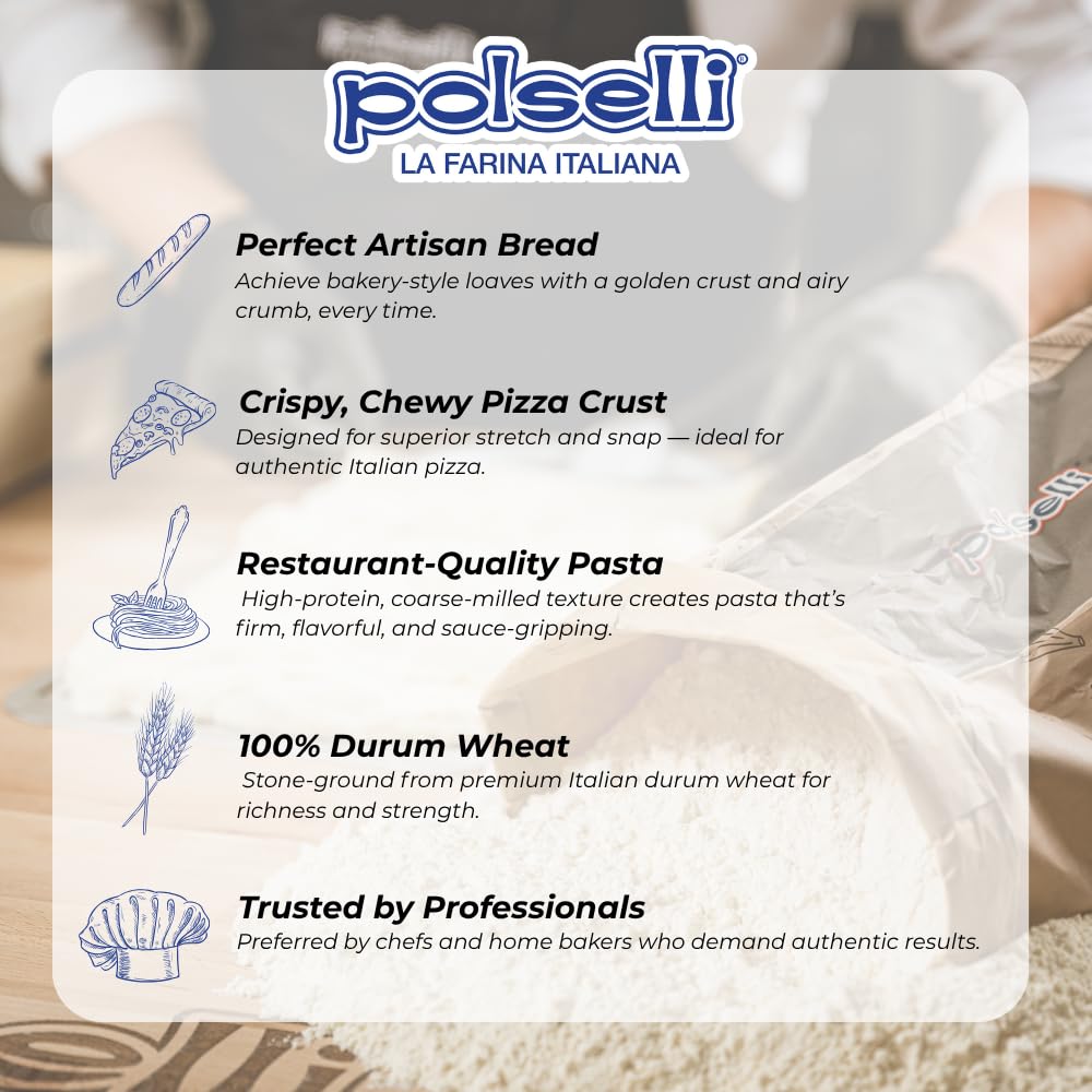 POLSELLI Semola Flour, Semolina Rimacinata Di Grano Duro, 1 kg (2.2 lbs)
