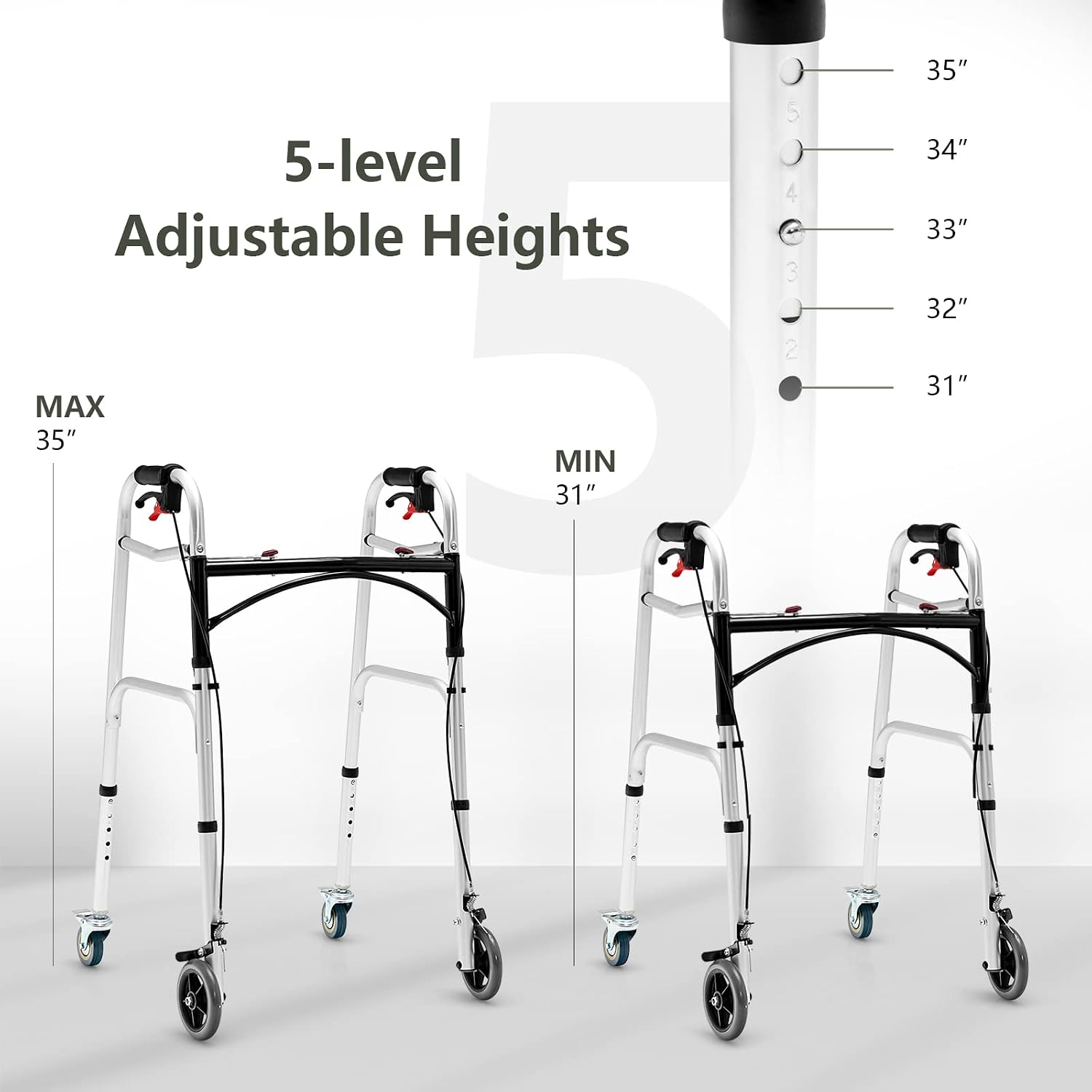 Goplus Walkers for Seniors, 4-in-1 Folding Walker with 5’’ Wheels, Detachable Seat, Height Adjustable Stand Up Walker