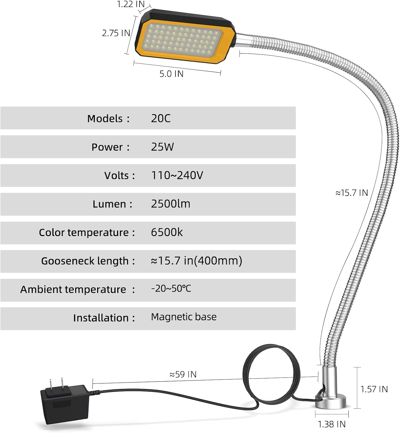 Magnetic Work Light, 9W Led Flexible Gooseneck with Adjustable Magnetic Base for Lathe Machine Milling Drill Press Workbench Industrial Lighting