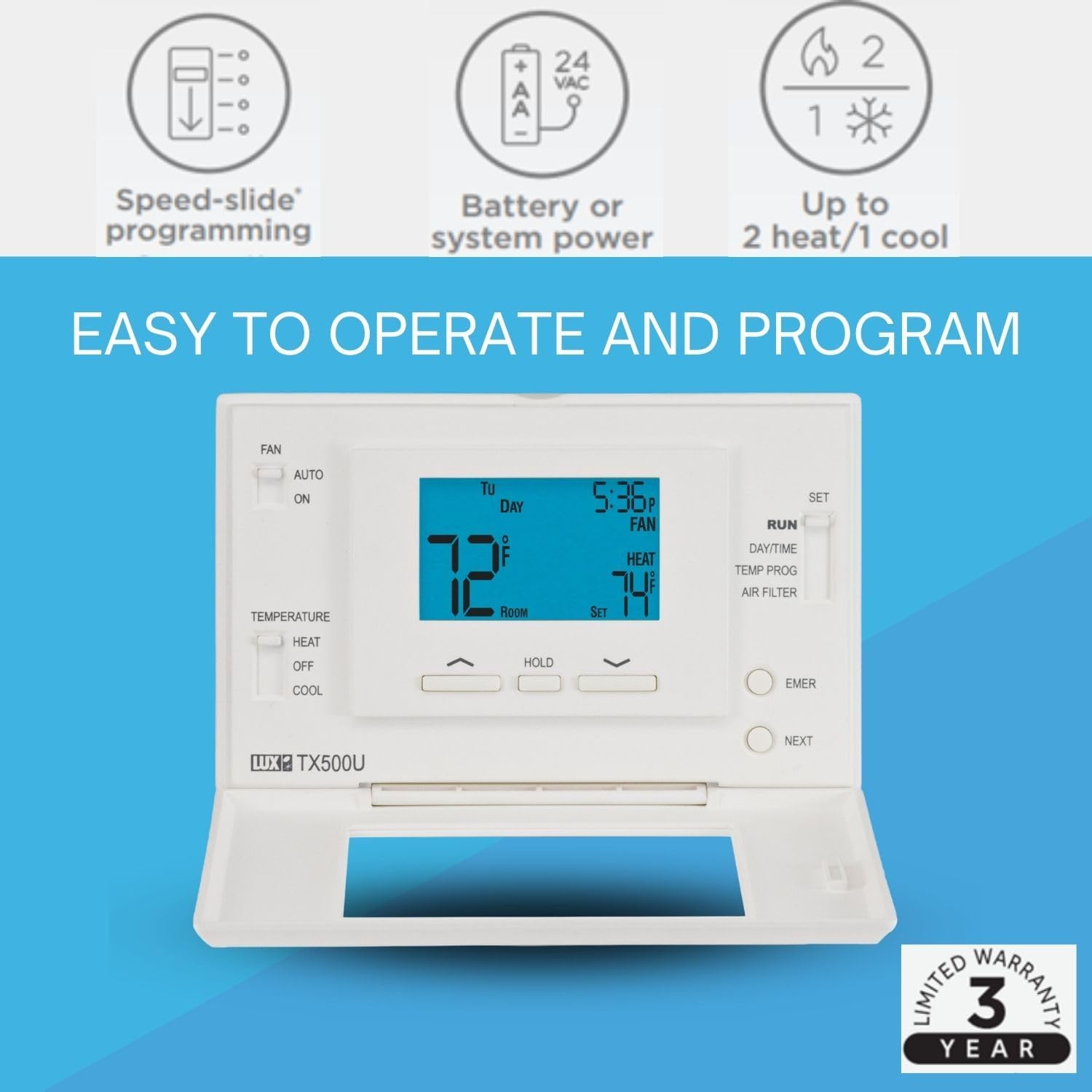 P521U Programmable 5-2 Day Thermostat for Home Use; 2 Heat, 1 Cool