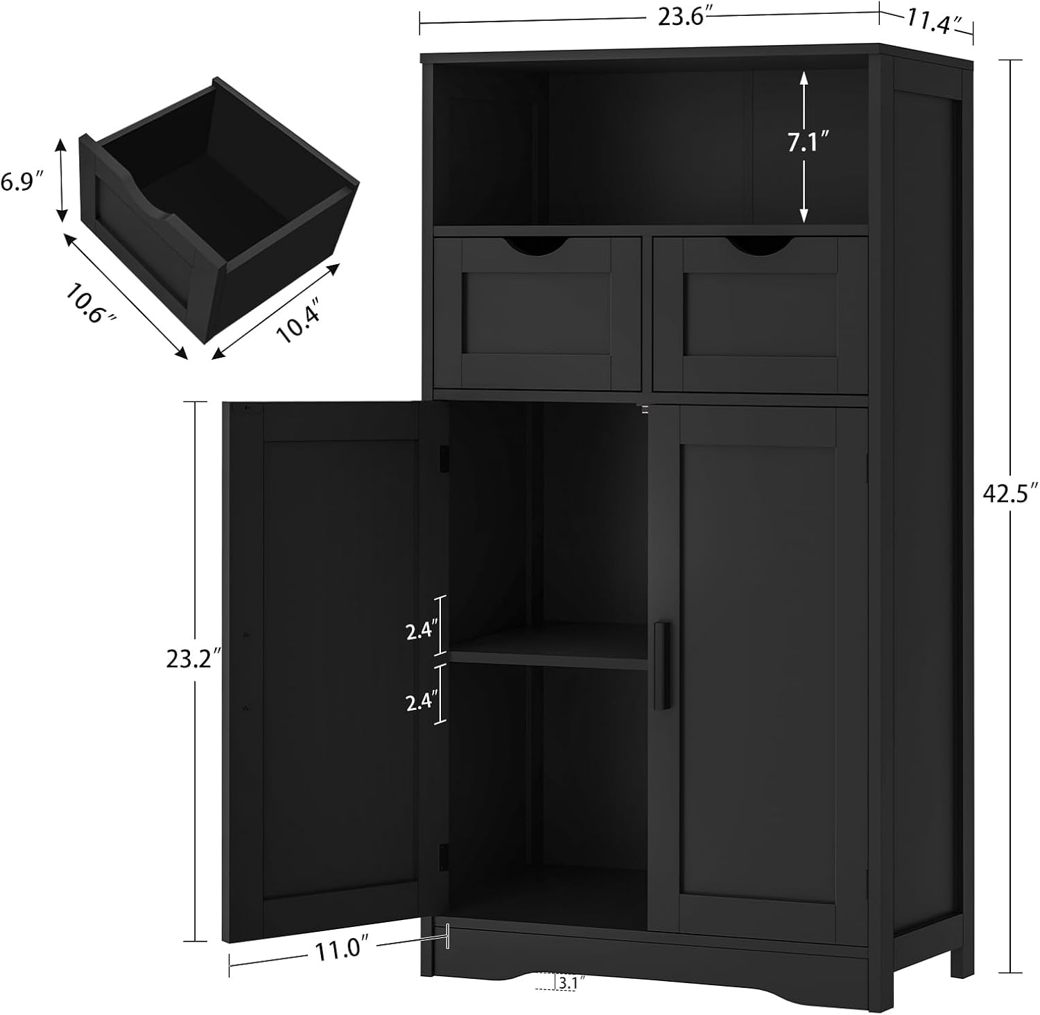 Iwell Storage Cabinet with 2 Drawers & Adjustable Shelves, Cupboard, Floor Cabinet for Living Room, Home Office, Rustic Brown