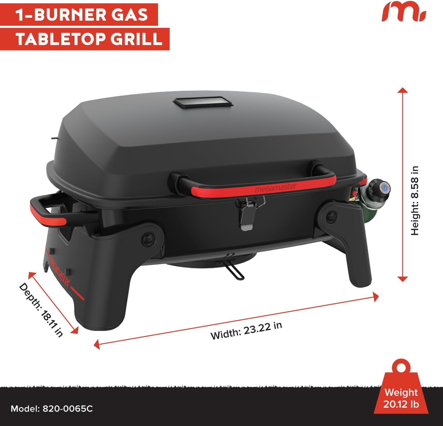 Megamaster Tabletop 1 Burner Gas Grill, Foldable Legs with Warming Rack