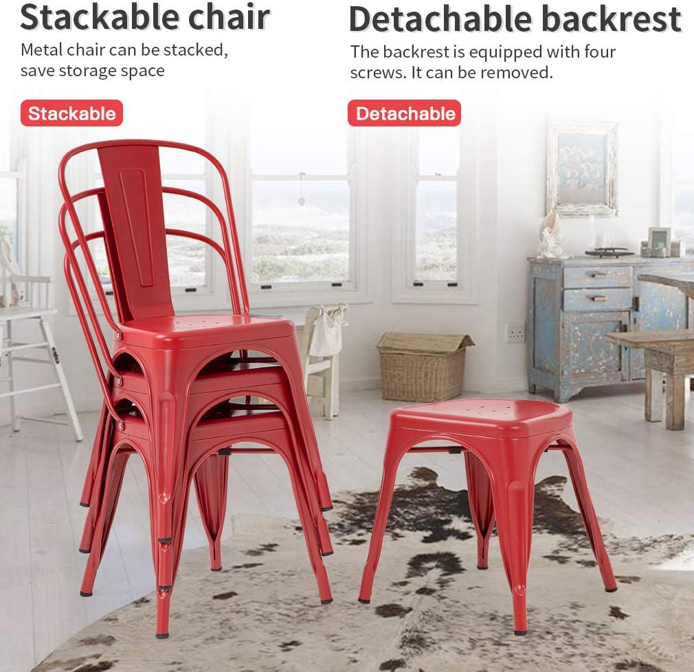 FDW | Metal Dining Chairs | Set of 4, Black | 330lbs Load | Stackable Tolix Side Chairs with Backrest | Non-Slip Feet | Indoor/Outdoor Use | Ideal for Kitchen & Restaurants