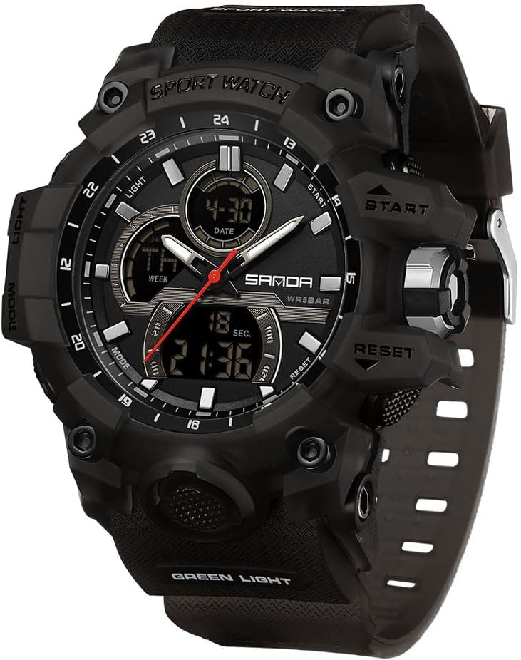 FANMIS Men Sports Outdoor Watch Analog Digital Multifunctional Black Watch | Black Sports Watch Casual Quartz Wristwatch Waterproof Military Wrist Watch Tactics LED Alarm Stopwatch Digital Watch for Men
