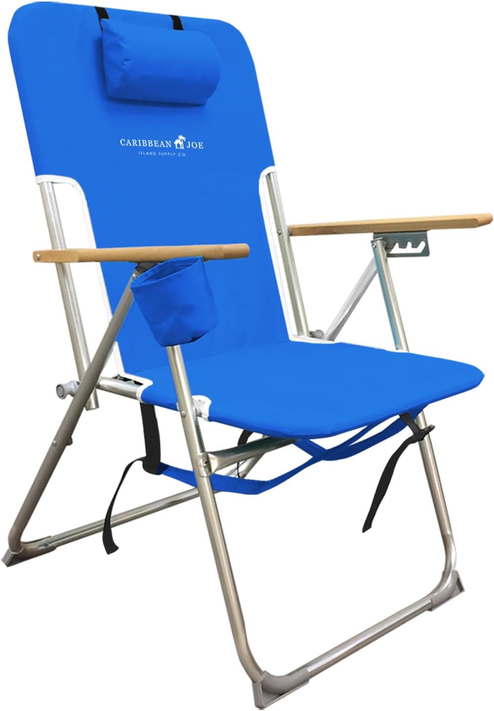 CARIBBEAN JOE Folding Beach Chair, 4 Position Portable Backpack Foldable Camping Chair with Headrest, Cup Holder, and Wooden Armrests