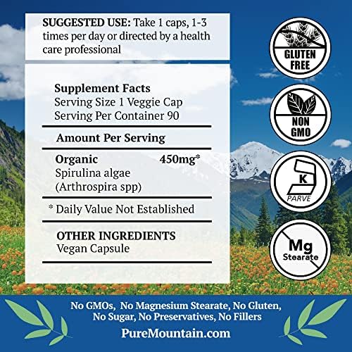 Pure Mountain Botanicals Spirulina Capsules 90 Count - 450mg Organic Spirulina - Kosher Vegan Non-GMO - Superfood Supplement - Espirulina