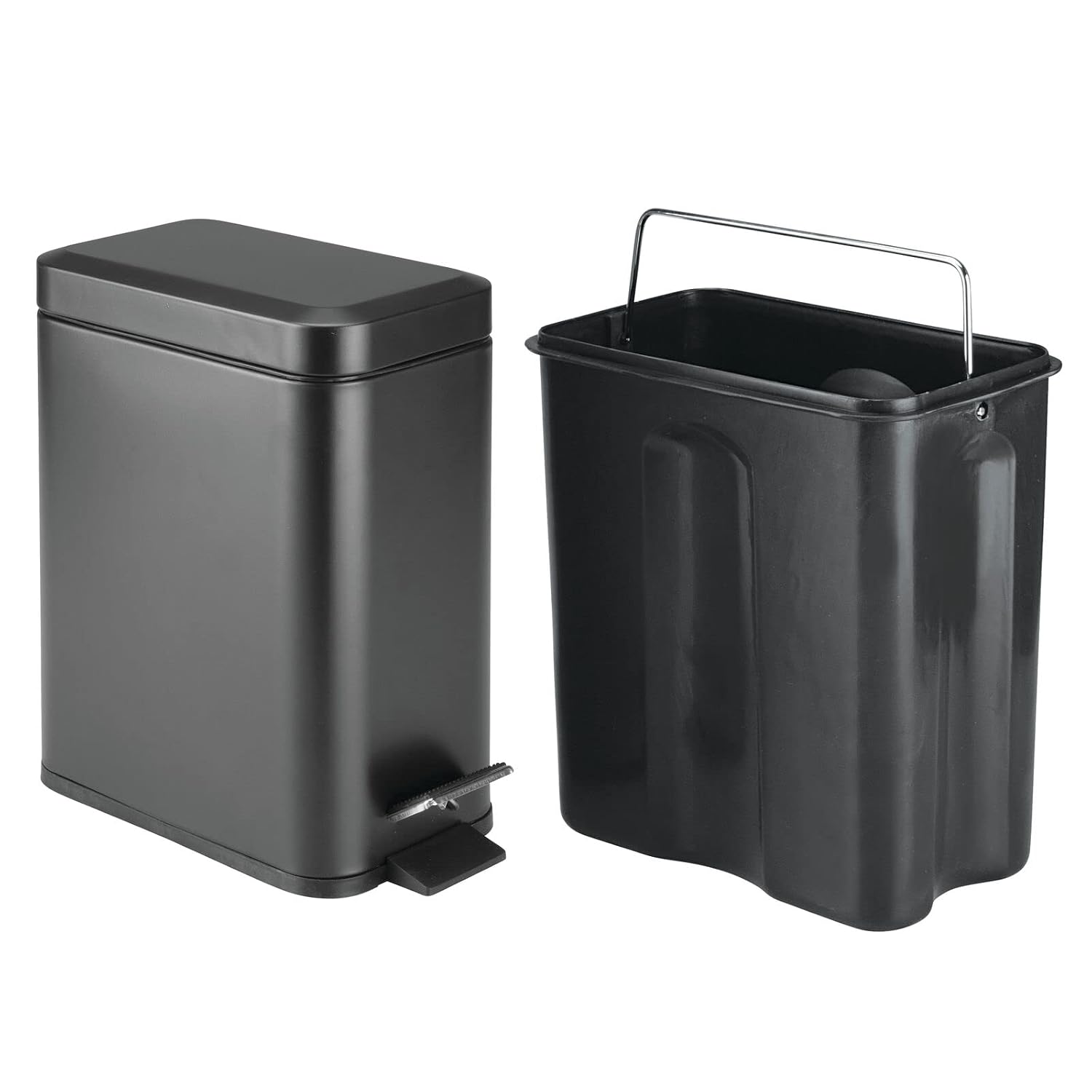 mDesign Metal Freestanding Slim Toilet Bowl Brush and Holder + Rectangle Narrow 5 Liter / 1.3 Gallon Step Pedal Trash Can Wastebasket for Bathroom