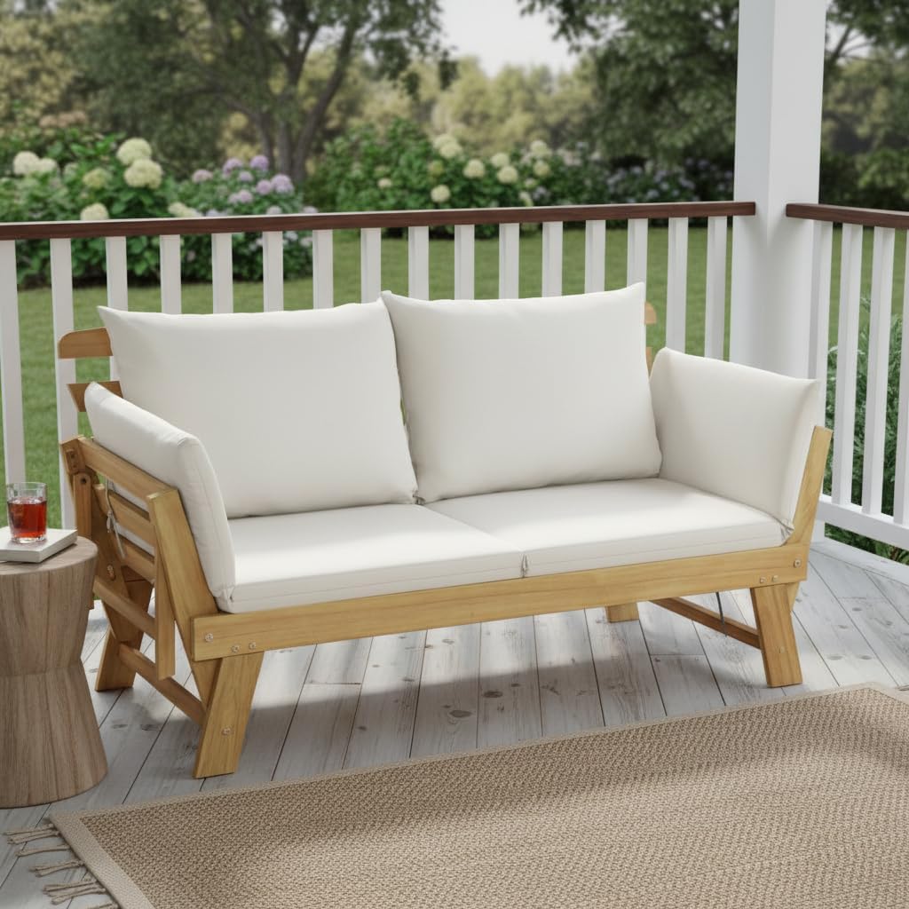 Tangkula Convertible Acacia Wood Patio Couch Sofa Bed with Adjustable Armrest, Outdoor Daybed with Cushion & Pillows
