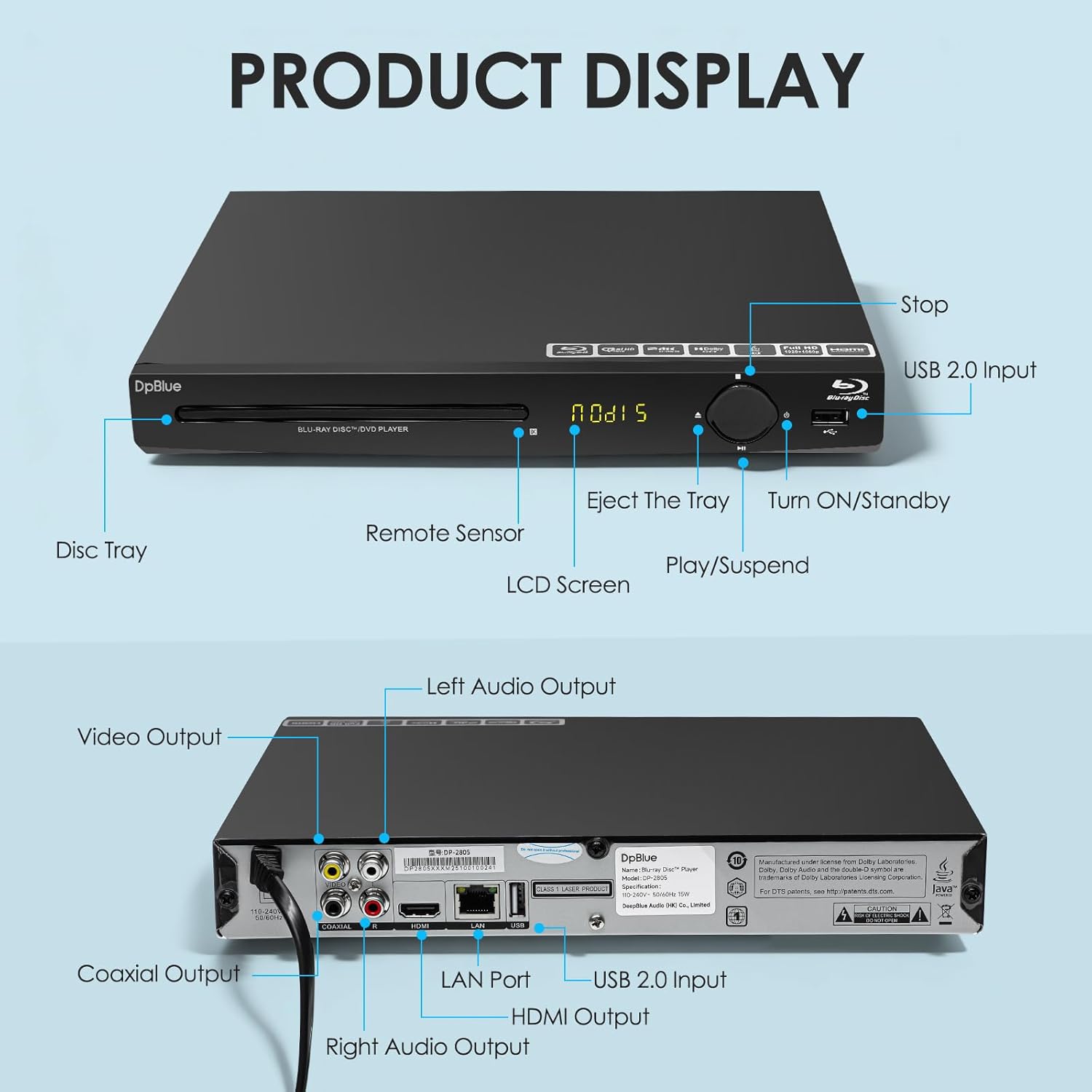 1080P Full HD Blu-ray DVD Player for TV/Projector, HDMI/AV/Coaxial Outputs | Home Theater Blu Ray Player Support Region A/1 Blu-ray Discs, CD DVDs VCD