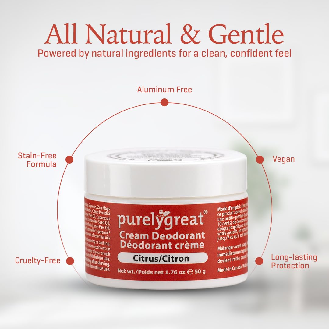 Purelygreat Natural Unscented Cream Deodorant for Women & Men | Aluminum Free Deodorant Women & Men | Vegan & Long Lasting Odor Control | Chemicals, Parabens, BPA & Cruelty Free | 1.76 oz