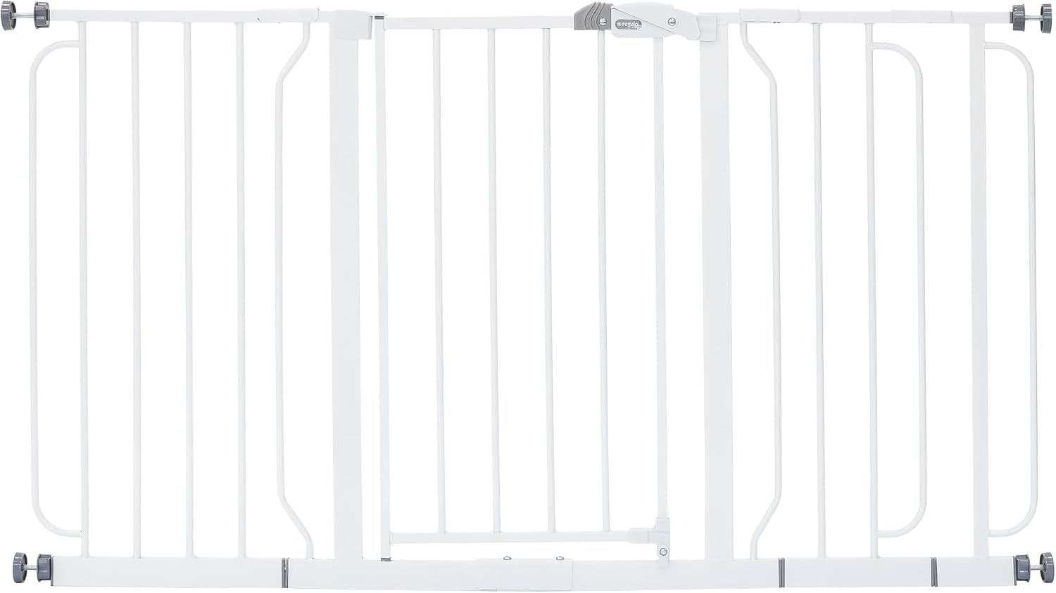 Regalo Safety 29"-49" Extra Wide Baby Gate, Bottom of Stairs & Doorways | Pressure Mounted with Door, For Babies, Toddlers & Pets, White, Tested & Trusted for 30 Years