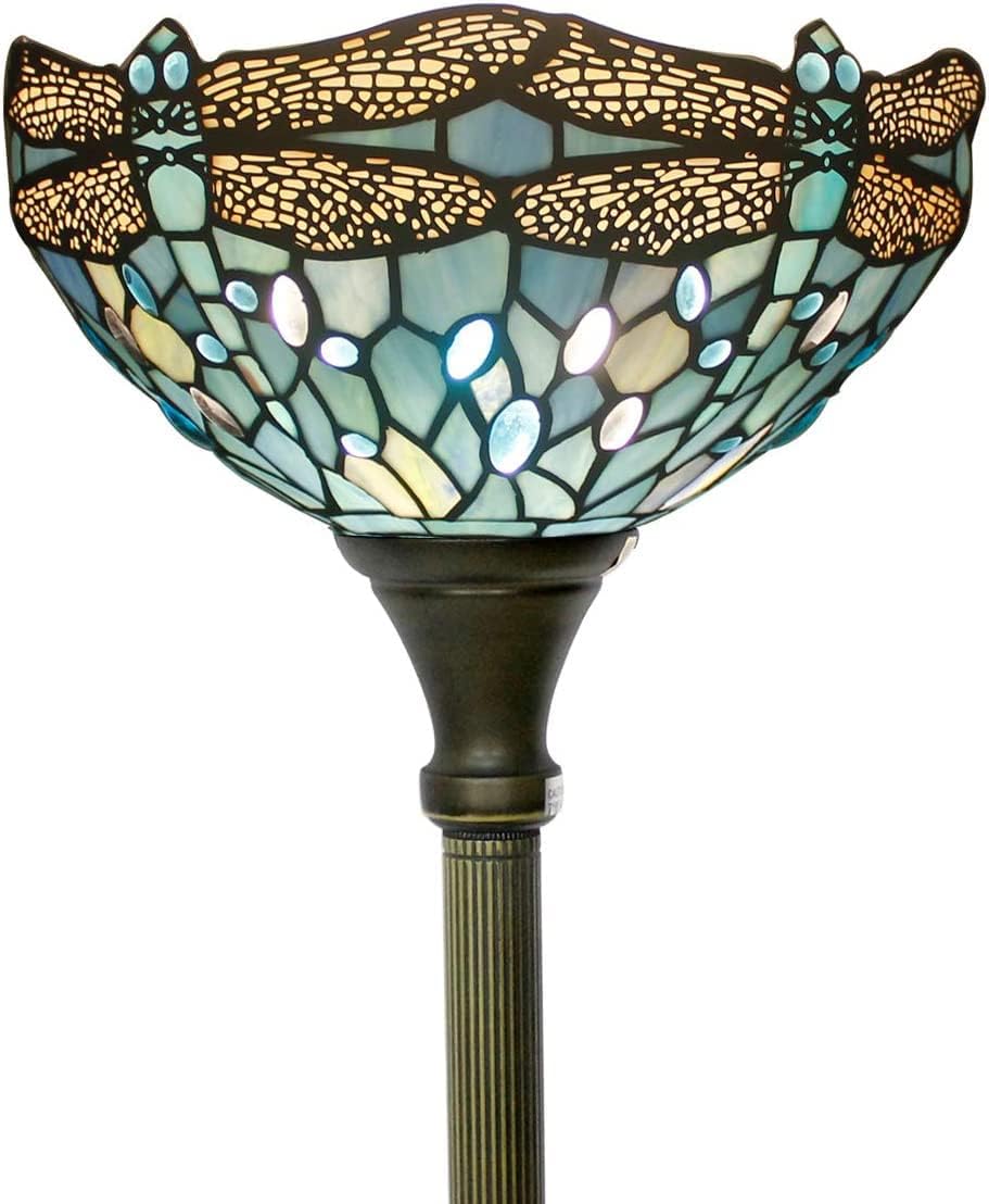 WERFACTORY Tiffany Floor Lamp Sea Blue Stained Glass Torchiere Pole Light | 12X12X71 Inches Dragonfly Standing Corner Torch Uplight Decor Bedroom