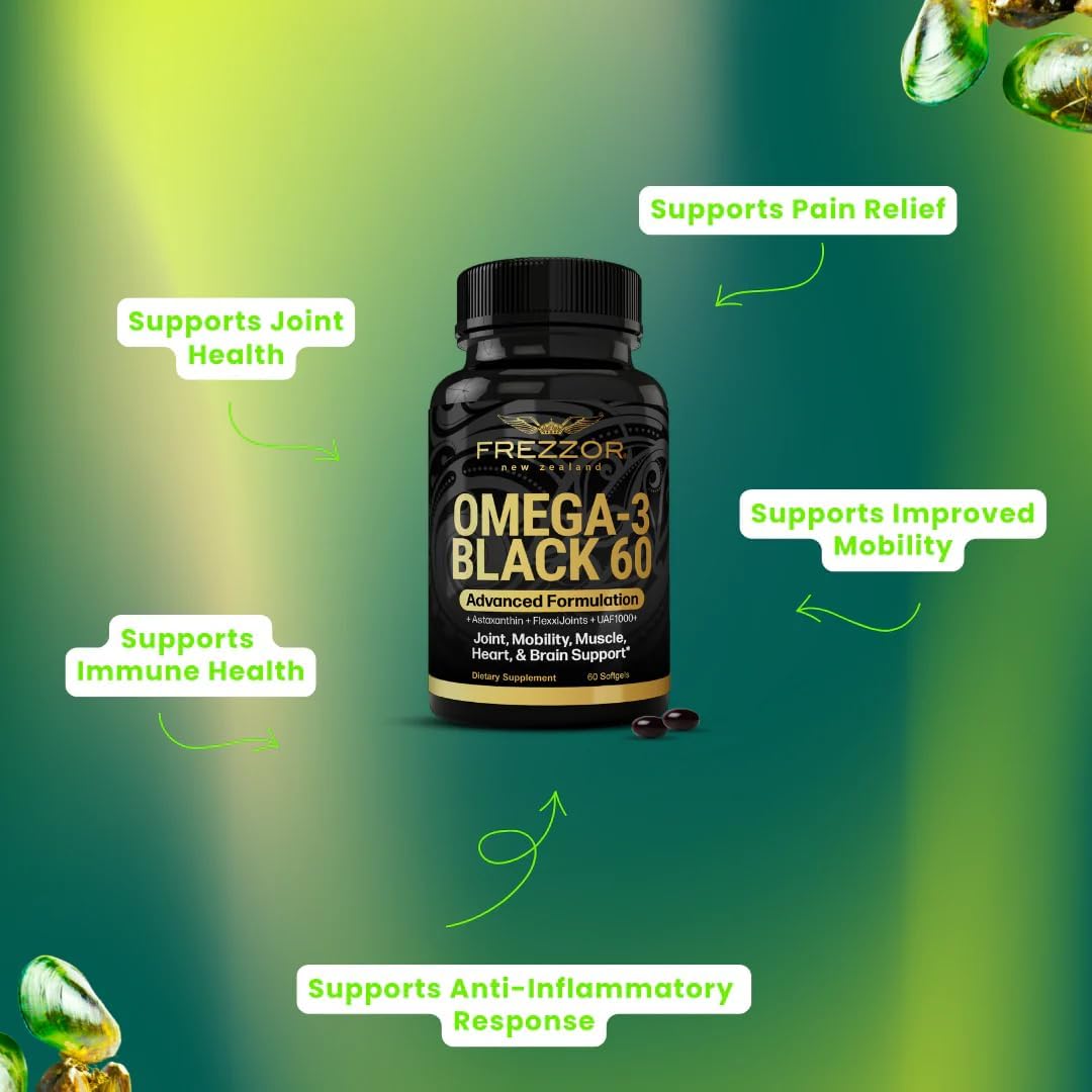 FREZZOR Omega 3 Black for Joint Care & Comfort - New Zealand Green Lipped Mussel Oil Capsules, 53x Higher Potency with UAF1000+ Super Antioxidant