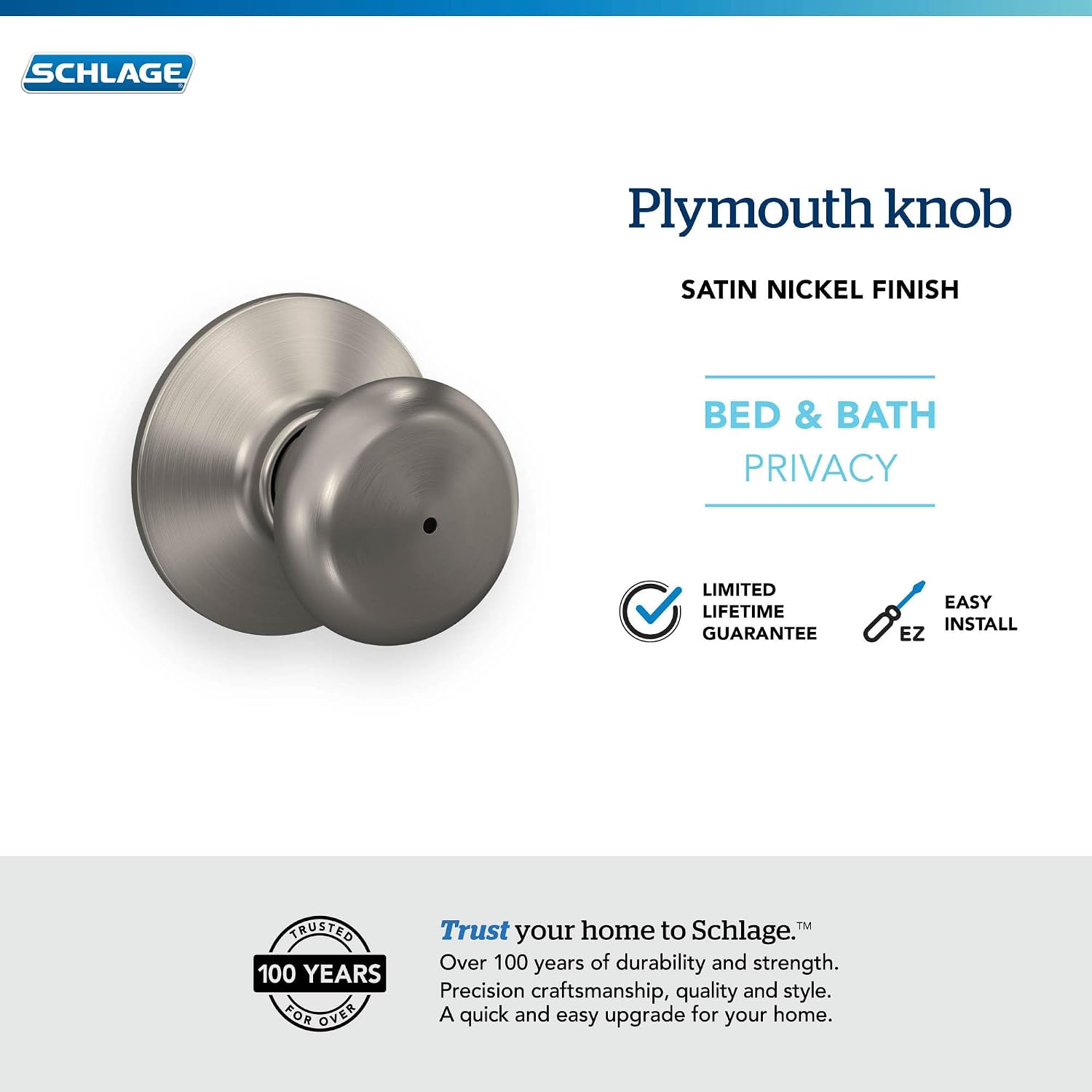 Schlage Plymouth Bed/Bath Privacy Door Knob with Lock, Satin Nickel | Interior bedroom or bathroom door knob with push button lock, Easy to install, Certified durability, Universal fit