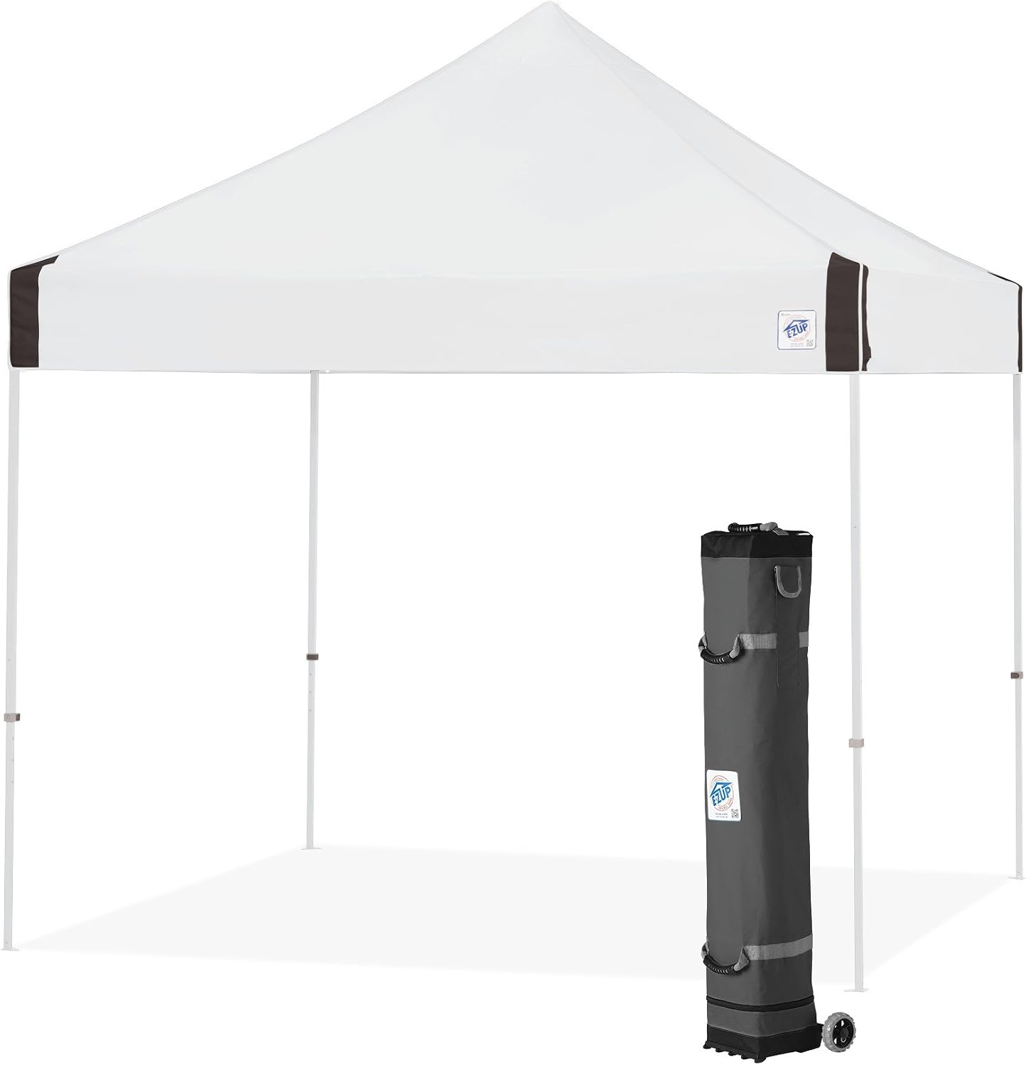 E-Z UP Vantage Instant Shelter Canopy, 10' x 10', Steel Gray Powder-Coated Steel Frame with Wide-Trax Roller Bag & 4 Piece Spike Set, Black