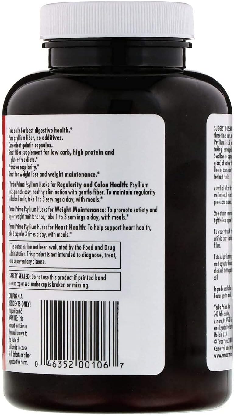 Yerba Prima Psyllium Husk Caps - 180 Capsules (Pack of 2) - Easy to Swallow Fiber Supplement - Colon Cleanse - Gut Health - Non-GMO Gluten Free