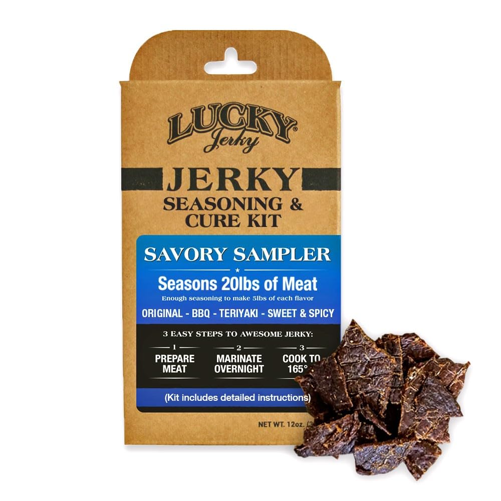 Lucky Jerky Ultimate Savory DIY Beef Jerky Seasoning and Cure Kit, 12 Oz | Make Your Own with Original, BBQ, Teriyaki, and Sweet & Spicy, Seasons 5 lbs per Flavor, 20 lbs Total