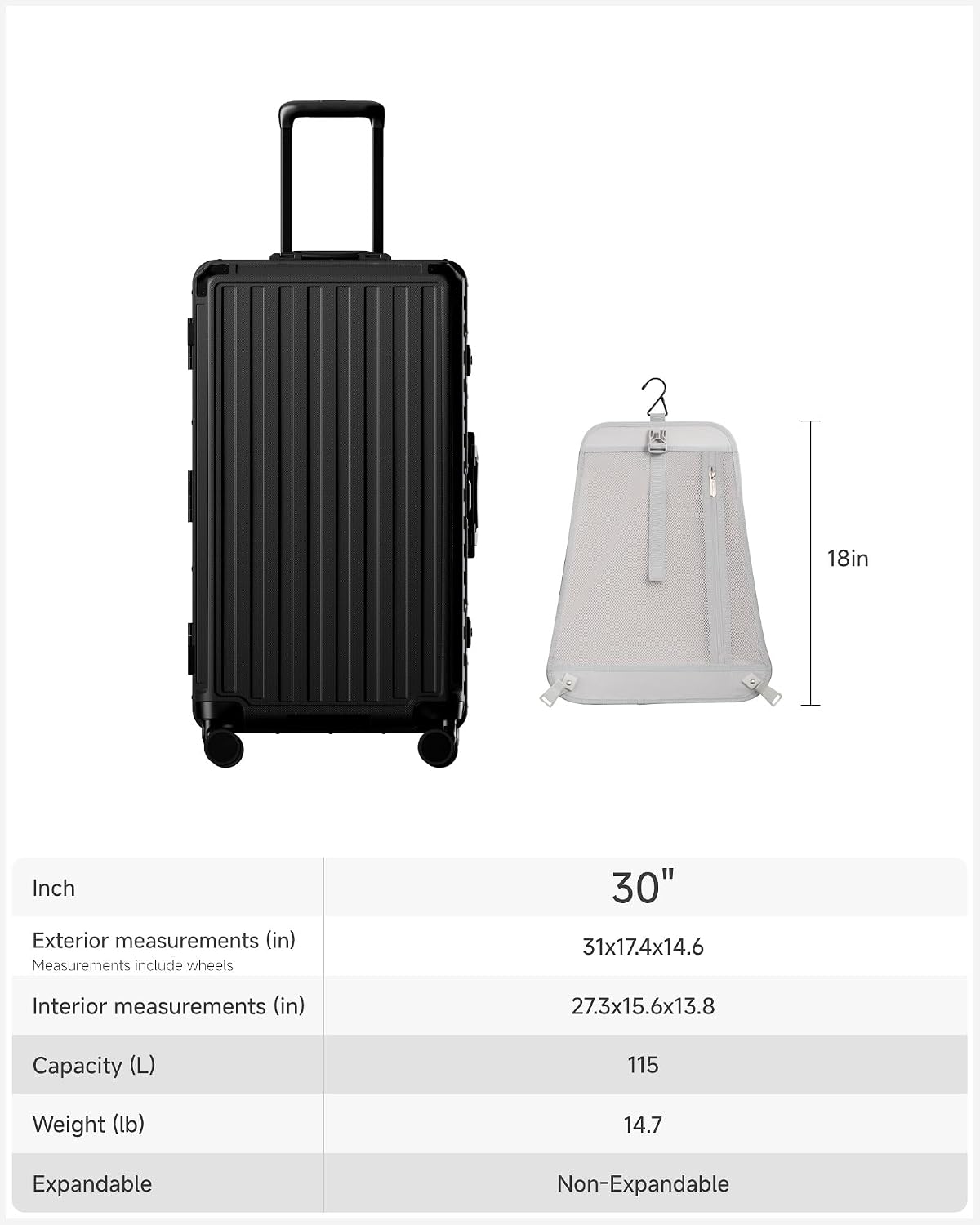 LUGGEX Zipperless Checked Suitcase, Aluminum Frame, Charcoal Metallic, 28" | Checked Luggage, 100% PC Hard Shell, 8010S Aluminum Frame, 8 Spinner Wheels, TSA Lock, Hard Shell, ZX-Core