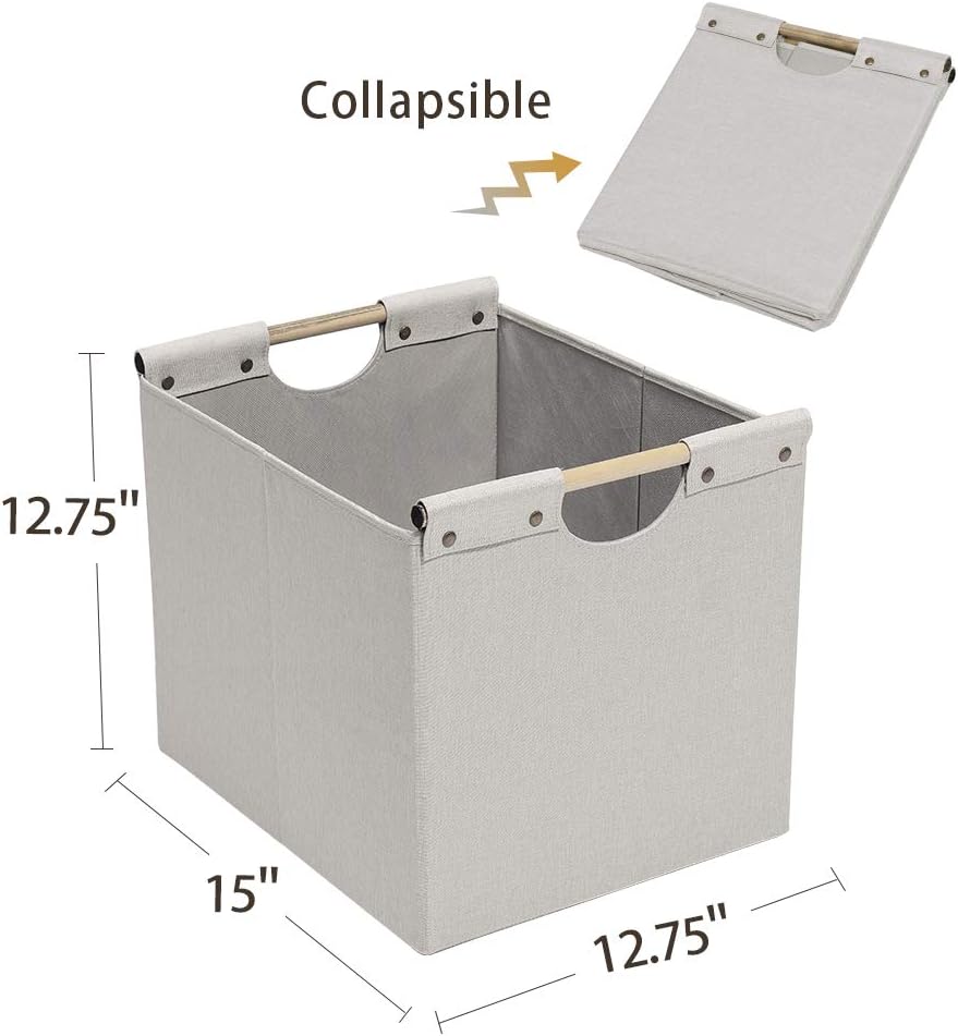 HOONEX Large Collapsible Storage Bins, Linen Fabric, 2 Pack, Storage Baskets with Wooden Carry Handles and Sturdy Heavy Cardboard, for Home, Office